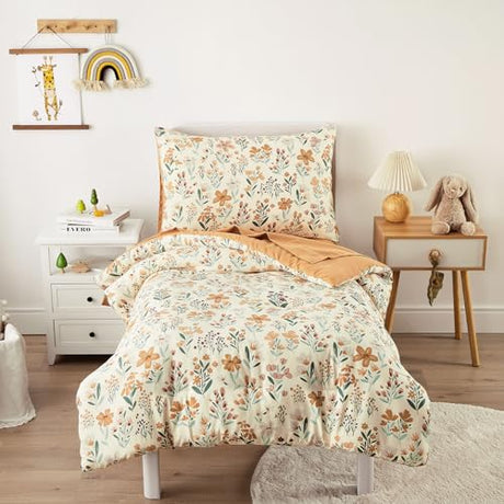 Wake In Cloud - Floral Toddler Bedding Set for Girls, Cute Colorful Botanical Flowers, 4 Pieces Soft Crib Bed Set Including Comforter, Sheets and Pillowcase, Orange Cream Wake In Cloud