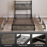 VINGLI Twin Platform Set of 2 with 4 Storage Drawers and Headboard Shelf, Metal Single Bed Frame with LED Lights and Charging Station, No Box Spring Needed, Easy Assembly, Wash Grey VINGLI