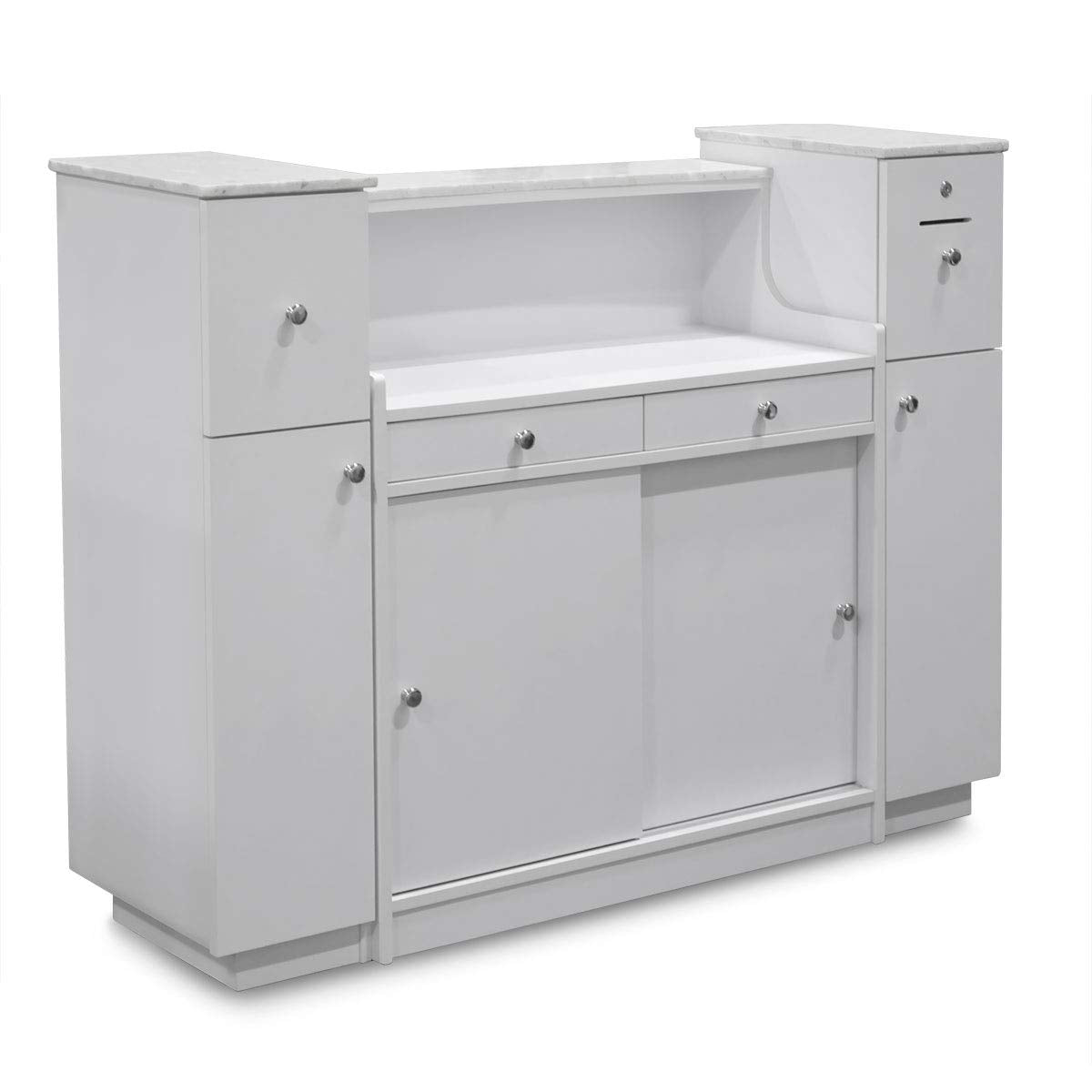 MAYAKOBA Sonoma Reception Desk with Glass Display Adjustable Shelves, Side Cabinets, Office Restaurant Beauty Salon Furniture, Luxe White/Silver Accents MAYAKOBA