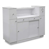 MAYAKOBA Sonoma Reception Desk with Glass Display Adjustable Shelves, Side Cabinets, Office Restaurant Beauty Salon Furniture, Luxe White/Silver Accents MAYAKOBA