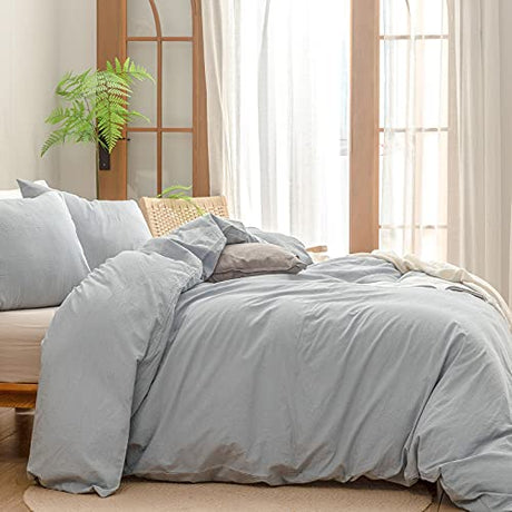 BESTOUCH Duvet Cover Set 100% Washed Cotton Linen Feel Super Soft Comfortable Chic Lightweight 3 PCs Home Bedding Set Cornflower Blue King BESTOUCH