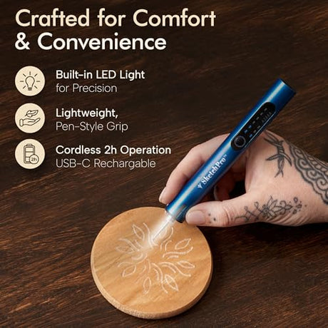 SketchPro Cordless Engraving Pen with LED Light – 3-Speed Precision Etching Tool for Wood, Metal, Glass & Plastic – USB-C Rechargeable, 26 Accessories – Ideal for DIY, Jewelry & Craft Projects Calavive