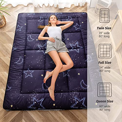 MAXYOYO Japanese Moon and Star Full Size Futon Mattress, Blue, Plush, 54"W x 80"L x 4"H, Foldable, Breathable, Reinforced Support, Moon and Star Pattern, Bedroom, Floor, Guest Room, Tent, Teepee MAXYOYO