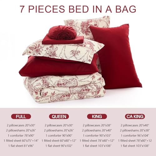 Xruibed Red Comforter Set King 7 Piece Bed in a Bag Toile de Jouy Botanical Comforter with Sheet Set Soft Micorfiber Bedding Set (1 Comforter,2 Pillow Shams,1 Flat Sheet,1 Fitted Sheet,2 Pillowcases) Xruibed
