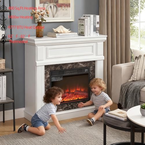 TRJQBCC 41" Electric Fireplace with Mantel, Freestanding TV Stand w/ 23" Fireplace Insert, 1400W Electric Fireplace Heater, Realistic Stacked Stone Surround & 3D Analog Flamefor Living Room(White) TRJQBCC