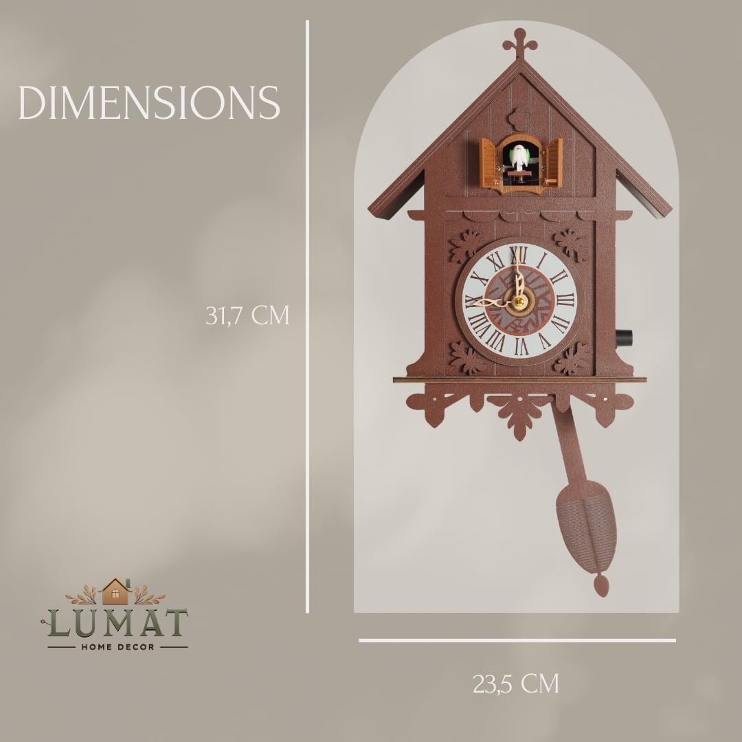 Lumat Cuckoo Clock - Modern Brown Cuckoo Clocks for Wall - Natural melodies - Volume Control - Night Mode - Perfect for Adults, Kids and Families - Battery Powered Lumat