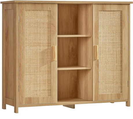 Iwell Storage Cabinet, Rattan Cabinet with 4 Adjustable Shelves, Bathroom Floor Cabinet, Sideboard Buffet Cabinet, Coffee Bar Cabinet, Accent Cabinet for Living Room, Entryway, Natural Iwell