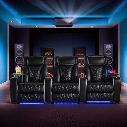 GUEAPY Power Reclining Sofa Home Theater Seating with Adjustable Headrest, Breathable Leather Electric Recliner with LED Lighting, Cup Holders, USB Charging & Tray Table