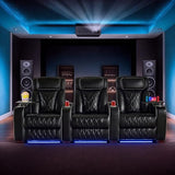 GUEAPY Power Reclining Sofa Home Theater Seating with Adjustable Headrest, Breathable Leather Electric Recliner with LED Lighting, Cup Holders, USB Charging & Tray Table