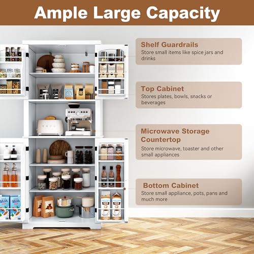 HLR 72" Kitchen Pantry Storage Cabinet, Freestanding Larder Cupboard, Kitchen Hutch Cabinet with Microwave Stand,Utility Pantry with Doors and Shelves for Dining Room, Living Room HLR