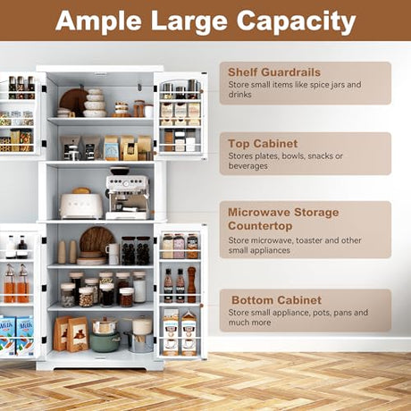 HLR 72" Kitchen Pantry Storage Cabinet, Freestanding Larder Cupboard, Kitchen Hutch Cabinet with Microwave Stand,Utility Pantry with Doors and Shelves for Dining Room, Living Room HLR