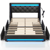 Rolanstar Full Bed Frame with LED Lights and Charging Station, PU Leather Bed with Drawers, Wooden Slats, Noise Free, Easy Assembly, Black Rolanstar