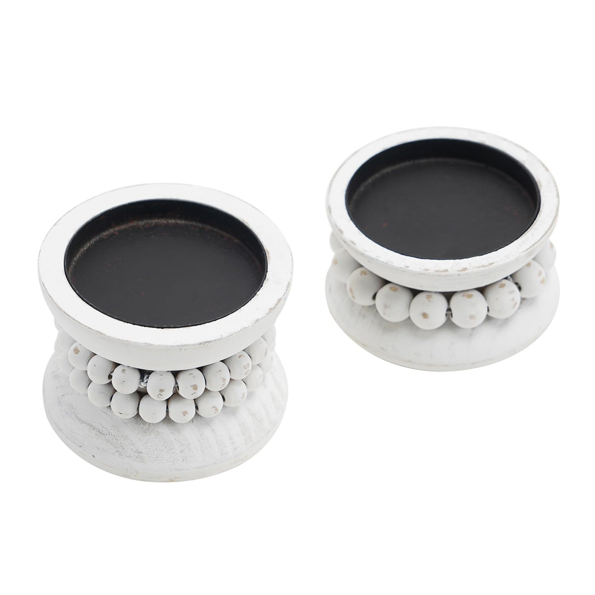 NIKKY HOME Farmhouse Beaded Wooden Pillar Candle Holders Set of 2, Rusitc Solid Wood Candlesticks Pedestal, Fireplace Mantle Table Centerpiece Decor, Distressed White NIKKY HOME