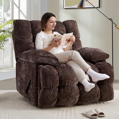 VIKAYAMICS Oversized Rocker Recliner Chair 42” Power Swivel Recliner for Living Room Overstuffed Extra Wide Rocking Recliners with Breathable Soft Fabric Up to 400lbs(Manual Brown)