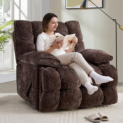 VIKAYAMICS Oversized Rocker Recliner Chair 42” Power Swivel Recliner for Living Room Overstuffed Extra Wide Rocking Recliners with Breathable Soft Fabric Up to 400lbs(Manual Brown)