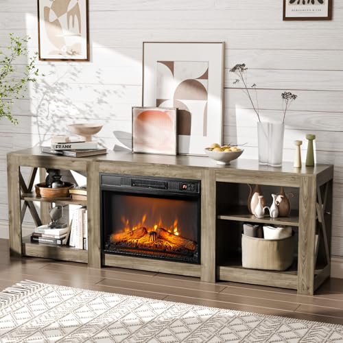 VINGLI Fireplace TV Stand for up to 80 inch TVs, Farmhouse Entertainment Center with Electric Fireplace Heater & Adjustable Shelves, Fireplace Media Console Table for Living Room, Gray Oak VINGLI