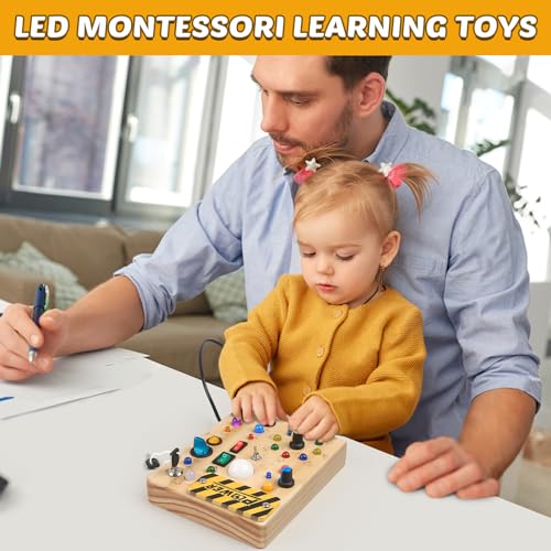 Joyreal Montessori Toddler Busy Board, 19 Led Wooden Sensory Board Educational Toys with 10 Switch Light Designs, Early Fine Activity Motor Skills Travel Toys for Toddlers Boys and Girls - WoodArtSupply