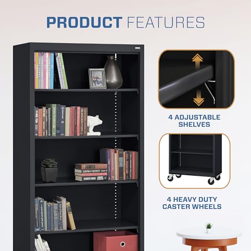 Sandusky Lee BM40361872-09 Mobile Bookcase with 4 Adjustable Shelves, Steel Rolling Bookshelf Storage Cabinet, 78"H, Black Sandusky