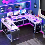 U Shaped Computer Gaming Desk, 79’’ Reversible l Shaped Computer Desk with Power Outlet & LED Strip, Office Desk with Monitor Stand, Large Corner Desk with Storage Bag for Bedroom, Office, White TrailBlaze