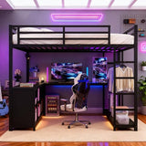 Queen Loft Bed with L-shaped Desk and Wardrobe, Metal Loftbed with Storage Cubes and Shelves, Heavy-duty Loft Bed Frame for Kids, Teens, Adults, Noise-free and No Box Spring Needed Design, Black Bellemave