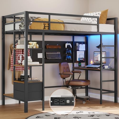 DICTAC Twin Loft Bed with Desk, Storage, and LED Lights - Black Metal Frame - WoodArtSupply