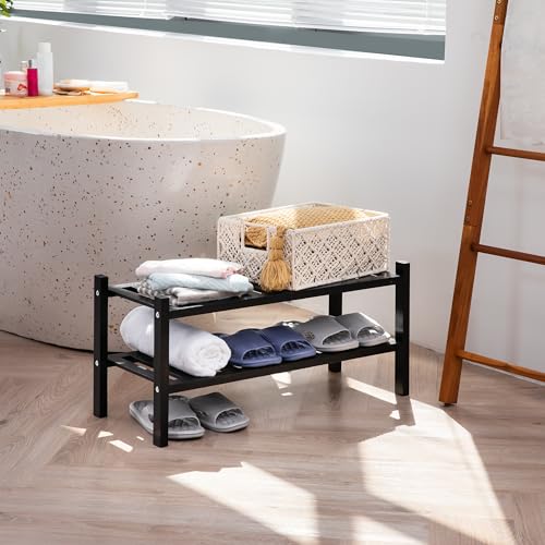VICTORY RELAX 2 Tier Acacia Wood Shoe Rack, Shoe Storage Shelf, Stackable Organizer for Closet, Entryway Shoe Stand, Hallway, Garage, Wooden Shoe Storage Rack, Indoor, Outdoor (Black) VICTORY RELAX