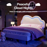 Jocisland Twin Bed Frame for Girls with Adjustable Cloud Headboard, Velvet Upholstered & RGB Lights, 7.1" Underbed Storage, No Box Spring Needed, Cream Jocisland