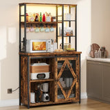 HOOBRO Bakers Rack with Power Outlet and LED Light, Microwave Stand with Sliding Barn Door, Coffee Bar Cabinet with 6-S Hooks, Kitchen Storage Shelf with Cabinet, Rustic Brown and Black BF23UDHB01
