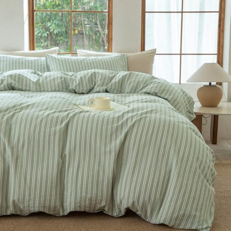 BESTDESIL Sage Green and White Striped Duvet Cover,100% Washed Cotton Breathable and Linen Like Bedding Set(Strip-Sage Green/White,Twin) BESTDESIL