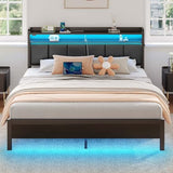 Rolanstar Bed Frame King Size with Charging Station and LED Lights, PU Leather Headboard with Storage Shelves, Heavy Duty Metal Slats, No Box Spring Need, Noise Free, Easy Assembly, Black Rolanstar
