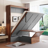 Full Murphy Bed with Desk, Wood Folding Hideaway Space Saving Murphy Wall Bed for Adults (Grey) MERITLINE