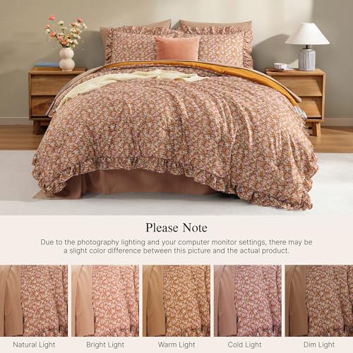 BLOOMHAVEN Queen Comforter Set - 7 Pieces Ruffle Brown Bedding Sets, Shabby Chic Farmhouse Bed in a Bag with Ruffle Comforter, Sheets, Pillowcases & Shams BLOOMHAVEN