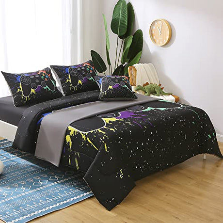 JQinHome Twin Gamer Comforter Sets for Boys&Girls ,6 Piece Bed in A Bag 3D Video Game Bedding -All Season Microfiber Gamer Bedding Sets for Kids, with Pillowcase, Flat & Fitted Sheet,Cushion Cover JQinHome