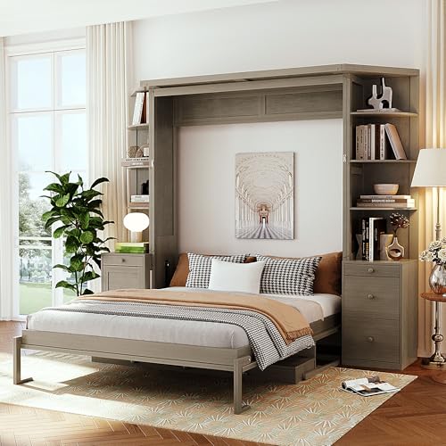 THINK 30 Queen Size Murphy Bed with Desk&Open Shelves&Cabinet, Wooden Foldable Hidden Wall Bed with Foldout Workstation&Drawers, Space-Saving Queen Murphy for Bedroom Study Home Office (Gray Style1) THINK 30
