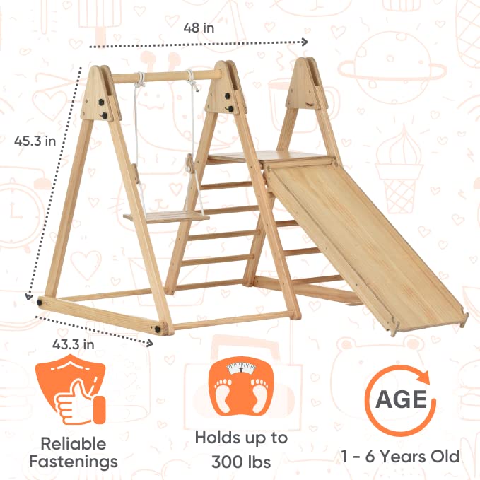 Avenlur 4-in-1 Juniper Indoor Play Gym - Jungle Gym Playset with Baby Swing, Slide, Ladder, and Climbing Wall - Foldable Wooden Playset - Indoor Jungle Gym for Kids Ages 18mo to 6yrs Avenlur