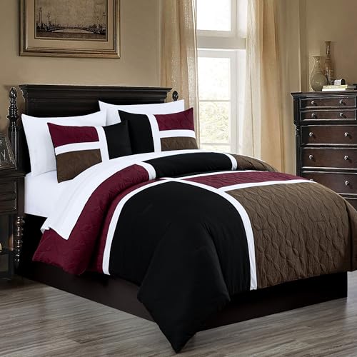 Chezmoi Collection Bernard 7-Piece California King Bed in a Bag Comforter Set with Sheets - Lightweight Comforter Burgundy Black Brown Patchwork Quilted Medallion Bedding Set for All Season Chezmoi Collection