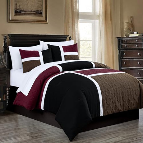 Chezmoi Collection Bernard 7-Piece California King Bed in a Bag Comforter Set with Sheets - Lightweight Comforter Burgundy Black Brown Patchwork Quilted Medallion Bedding Set for All Season Chezmoi Collection