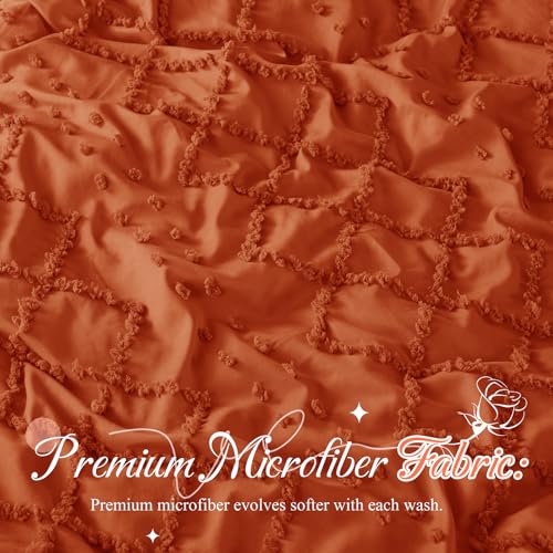 Manyshofu 5Pcs Boho Full Duvet Cover Set - Tufted Burnt Orange Duvet Cover Pattern, Shabby Chic Boho Bedding Set Textured Comforter Covers with Embroidery Pillow Shams Manyshofu