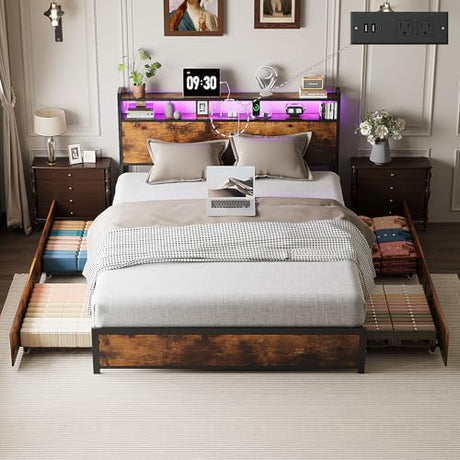 VINGLI Queen Bed Frame with 4 Storage Drawers and Headboard, Metal Platform Panel Bed with Charging Station and RGB LED Lights, No Box Spring Needed, Noise Free, Easy Assembly, Vintage Brown VINGLI