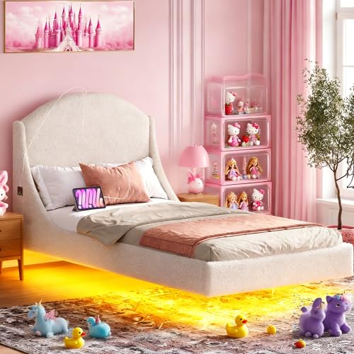 Ailisite Twin Size Floating Bed Frame with Upholstered Headboard and Charging Station, Boucle Platform Bed Frame Queen Size with RGB Led Lights, Strong Wood Slat Support, No Box Spring Needed,Beige Ailisite