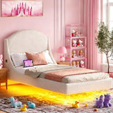 Ailisite Twin Size Floating Bed Frame with Upholstered Headboard and Charging Station, Boucle Platform Bed Frame Queen Size with RGB Led Lights, Strong Wood Slat Support, No Box Spring Needed,Beige Ailisite