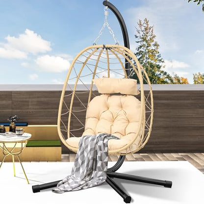 DWVO Egg Hanging Swing Chair with Stand Egg Chair Wicker Egg Chair with Cushions 330lbs for Patio, Bedroom, Garden and Balcony, Beige