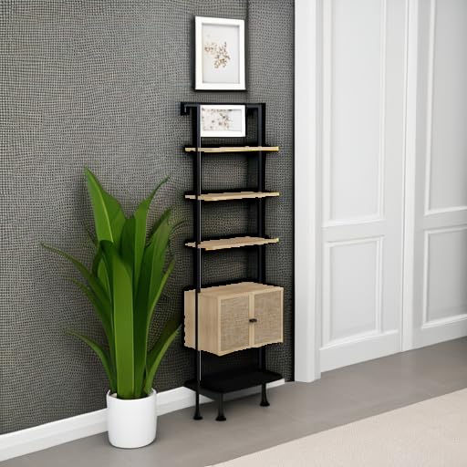 Nathan James Theo Ladder 3 tier Open Bookshelf with Rattan Drawers and Matte Steel Frame, Light Oak/Black Nathan James