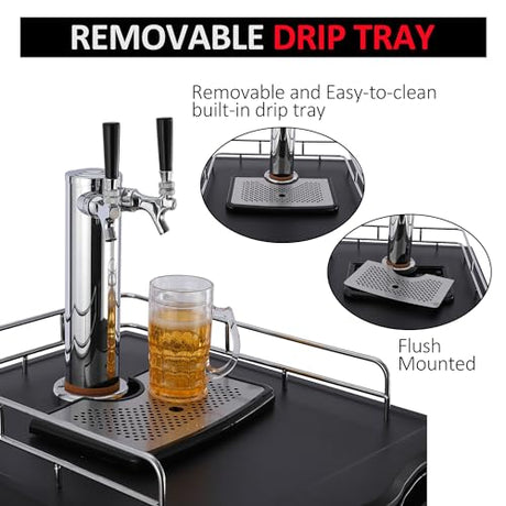 TROPOW 6.1 CF Beer Kegerator, Dual Tap Draft Beer Dispenser, Full Size Stainless Steel Keg Refrigerator With Drip Tray, 32°F- 50°F Temperature Control, 170L TROPOW