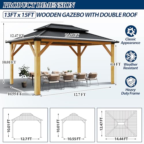 COVERONICS 13FT x 15FT Outdoor Cedar Wooden Gazebo - Patio Wood Frame Gazebo with Galvanized Steel Hardtop, Heavy-Duty Hardtop Gazebo with Netting for Garden, Poolside, Deck, Backyard - WoodArtSupply