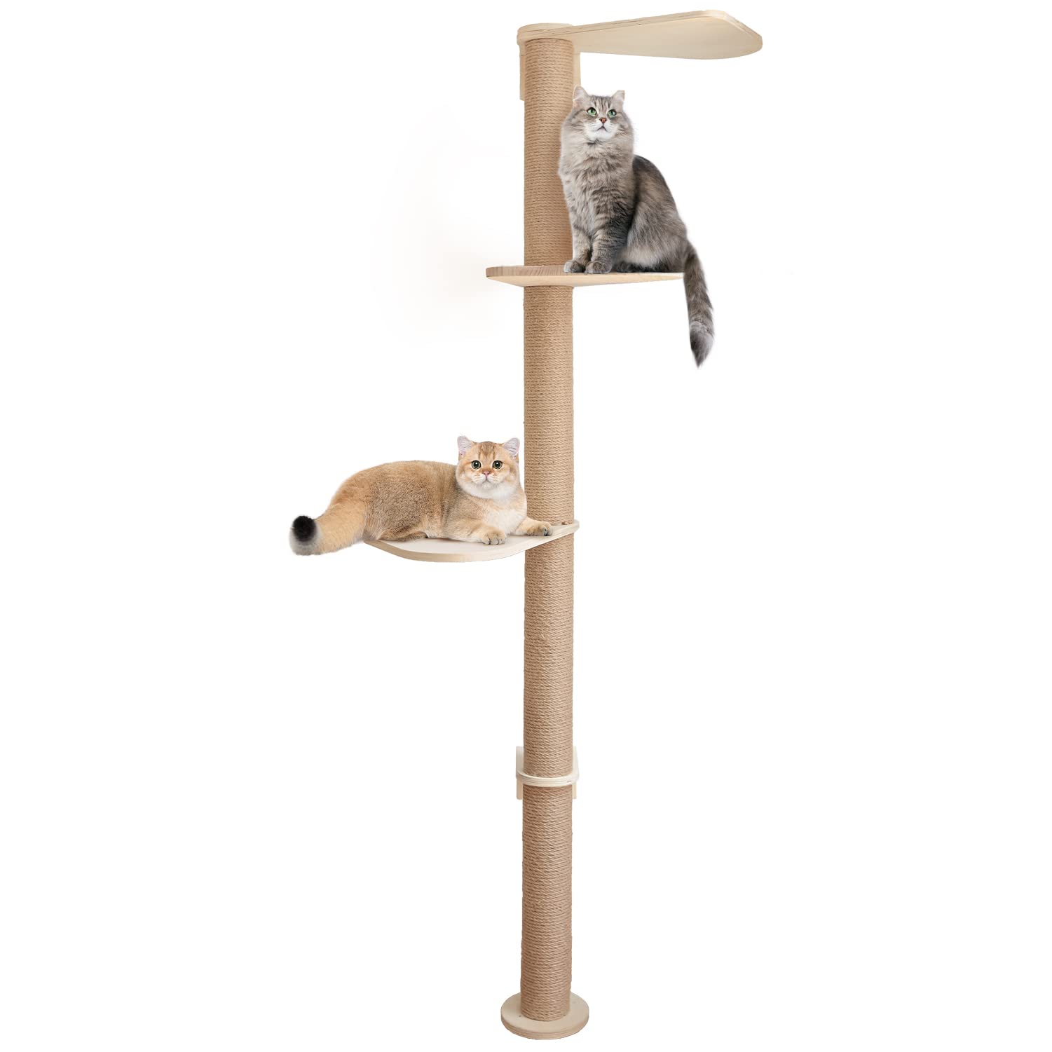 Wood Cat Tower Floor to Ceiling Adjustable, Tree Tall Cat Scratching Post, Cat Tree with 3-Tier Floor for Climb, Cat Climbing Tower Vertical with Natural Sisal Rope - WoodArtSupply