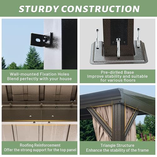 Domi 12x16FT Lean to Gazebo, Aluminum Wall Mounted Gazebo with Sloping Galvanized Steel Roof, Curtains and Netting, Outdoor Hardtop Gazebo Pergola for Patio, Deck, Garden, Backyard domi outdoor living