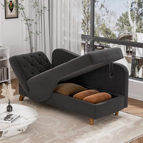 DAMAIFROM Chaise Lounge Chair Indoor with Storage, Adjustable Armrest Recling Reading Chair Sleeper Sofa Bed with Pillow, 3 in 1 Velvet Futon Lounge Chair for Living Room Playroom, Black DAMAIFROM