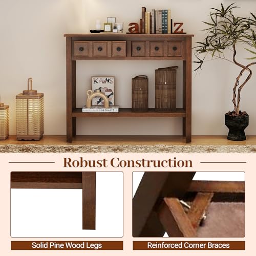 GOFLAME Narrow Console Table with 2 Drawers, 38” Rustic Sofa Table with Bottom Storage Shelf & Embossed Design, 2-Tier Vintage Entry Tables for Living Room, Entryway, Hallway, Walnut GOFLAME