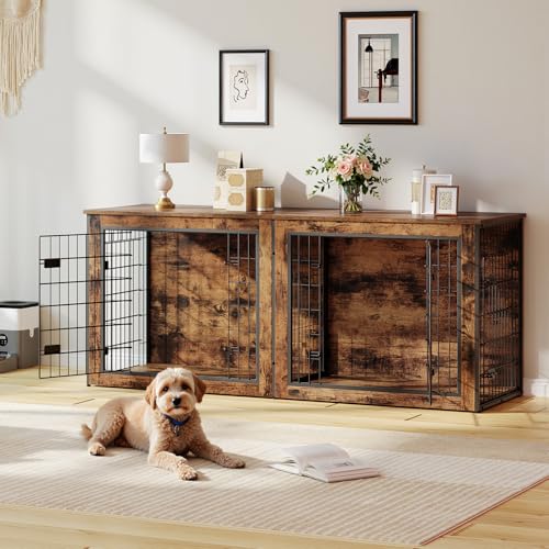 HOOBRO Dog Crate Furniture for 2 Dogs, 63" Large Double Dog Crate Furniture with Divider, Wooden Indoor Kennel TV Stand for Medium Large Dogs, Rustic Brown BF55GW03 HOOBRO